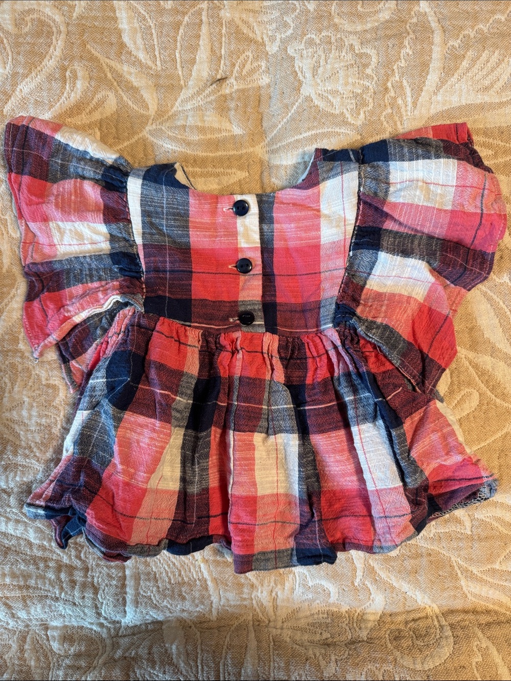 Bonnie Baby Plaid Peplum Top 3-6M | Pink Blue Cotton Flutter Sleeve